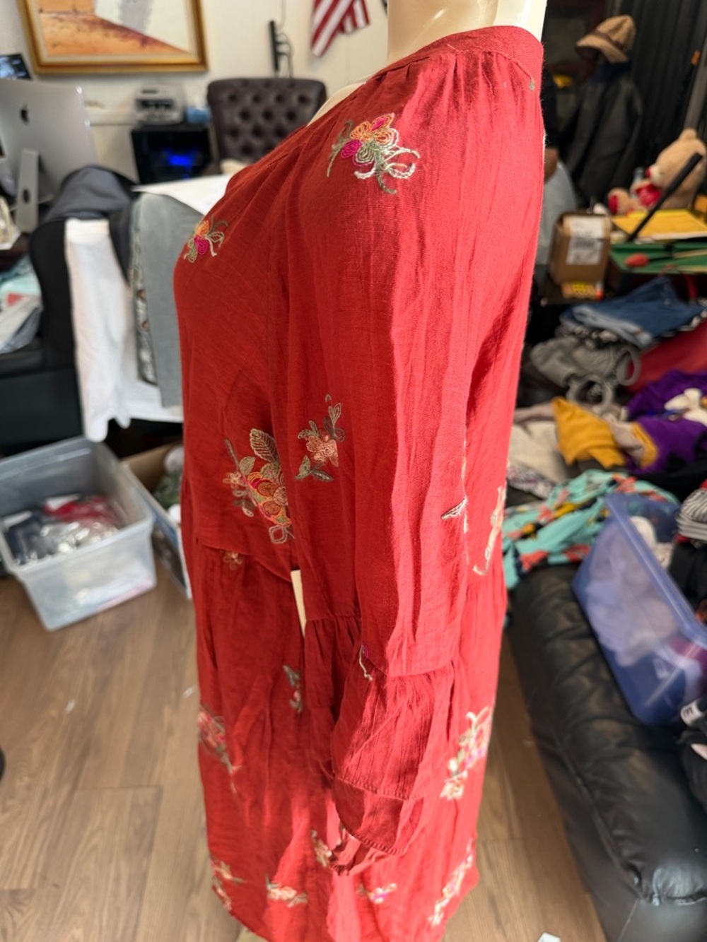 Embroidered V-Neck Boho Dress in Deep Wine - Picture 3 of 10